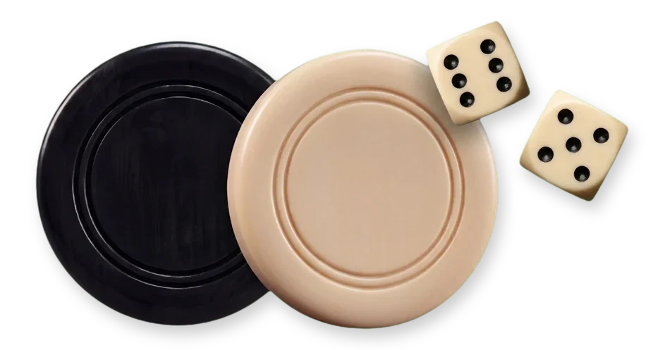Two backgammon checkers and a pair of dice